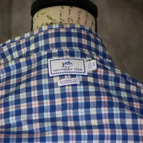 Southern Tide Classic Fit Size S Blue checked long sleeved button down shirt - Picture 3 of 10